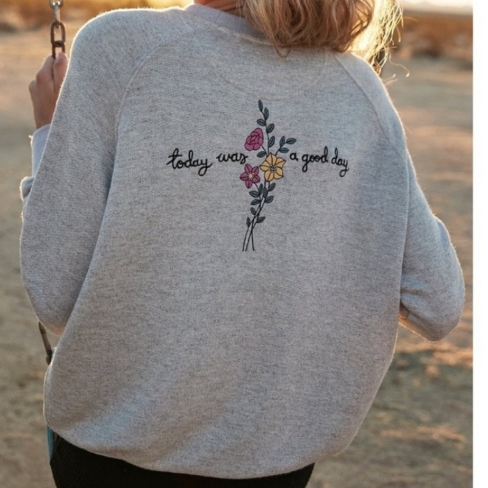 SPIRITUAL GANGSTER embroidered sweatshirt XS Today was a good day Gray pullover